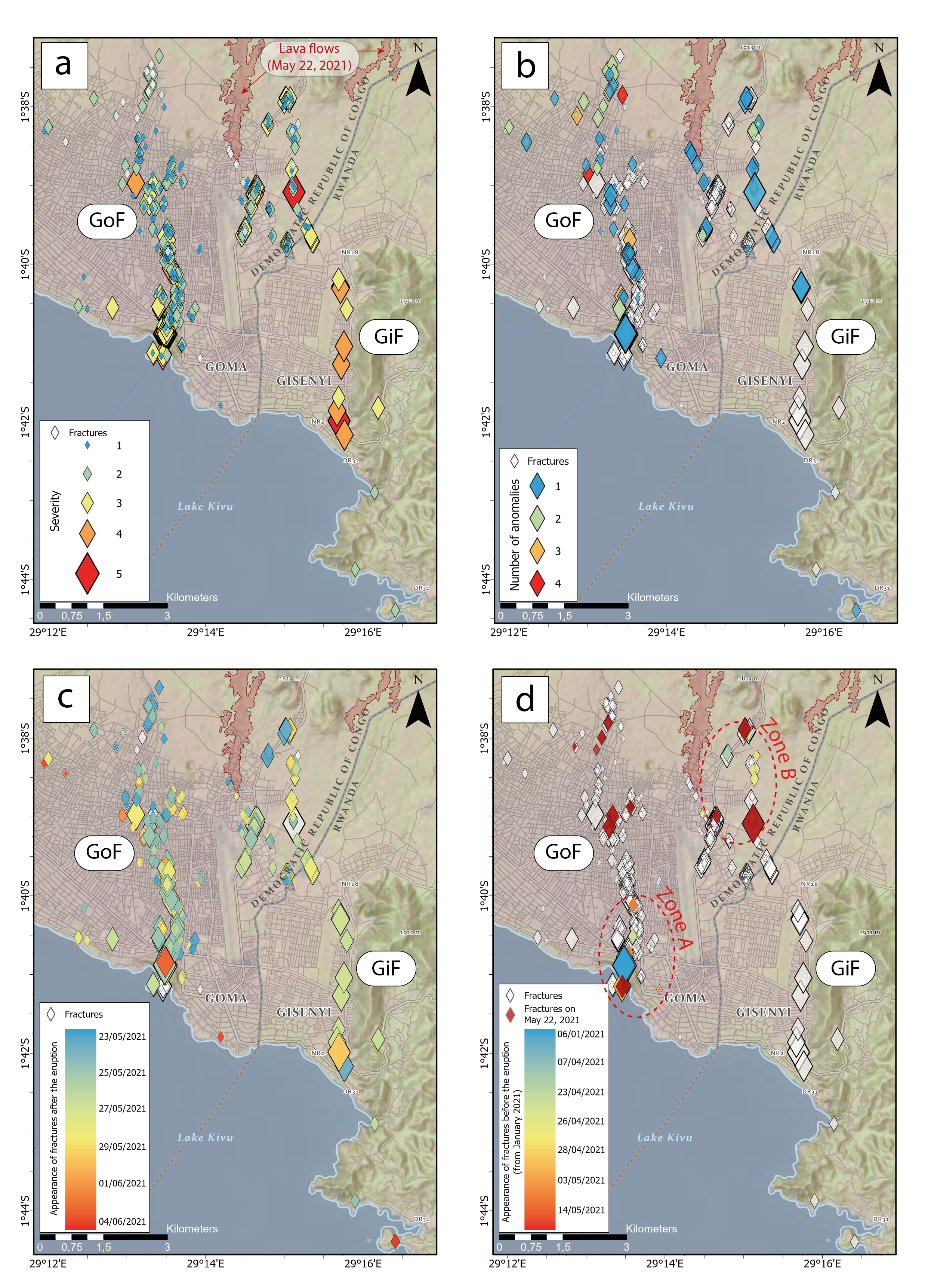 Figure : Cartographie des fractures dans les villes de Goma et de Gisenyi (avant, pendant et aprs lruption du Nyiragongo le 22 mai 2021) issue de la mise en place dun systme participatif.